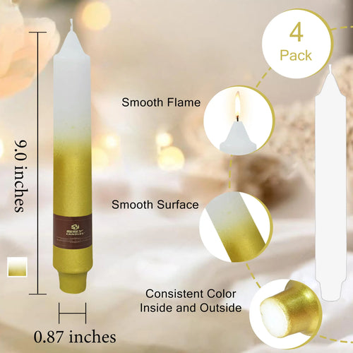 9 Inch Gold Wedding Unscented Tapered Candle 4 PCS Smokeless Candlesticks Long-Burn for Home Dinner Wedding Party Decoration